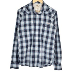 Lucky Brand Mens Western Pearl Snap Button Shirt Medium Blue Plaid Long Sleeves